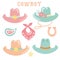 Cowboy hats isolated on white. Vector set of wild west cowboy hats and cowgirl hats in sweet tender colors for design