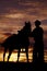 Cowboy holding horse in sunset