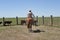 Cowboy on horse herding cattle with lasso rope