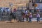 Cowboy on horse leaves the box at Rodeo Santa Maria, CA, USA