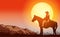 Cowboy on horse ride on sunset. Mountains on the horizon