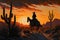 Cowboy on horseback in the desert with cactus and sunset