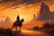 Cowboy on horseback in the desert at sunset