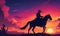 Cowboy on horseback in desert at sunset, under a painted sky
