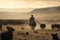 cowboy on horseback, leading his herd through the open plains