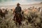 Cowboy leading horse herd through dust and sage brush during roundup