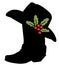 Cowboy Merry Christmas. Vector printable illustration with Cowboy Country boot silhouette and Western hat and holly berry