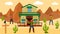 Cowboy near salon is attacking masked criminal, old city America in wild west, vintage tree house, cartoon vector