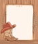 Cowboy paper background for text. Vector western illustration with cowboy boots and hat and lasso on wood texture