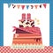 Cowboy party illustration with big cake and cowboy shoes on sweet cake.