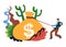 Cowboy pulling bag with dollar cash and cacti vector