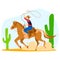 Cowboy ride wild horse, vector illustration. West rodeo male in cartoon hat with lasso rope. Western animal rider at