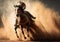 Cowboy riding a bucking bronco horse in a dusty rodeo arena, generative Ai