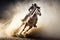 Cowboy riding a bucking bronco horse in a dusty rodeo arena, generative Ai