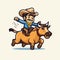 Cowboy riding a bull. Rodeo. Cowboy riding a bull hand-drawn comic illustration. Vector doodle style cartoon illustration