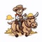 Cowboy riding a bull. Rodeo. Cowboy riding a bull hand-drawn comic illustration. Vector doodle style cartoon illustration
