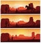 Cowboy riding horse against sunset background. Wild western silhouettes banners