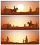 Cowboy riding horse against sunset background. Wild Western silhouettes banners