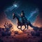 cowboy riding a horse in the desert milky way galaxy stars on the sky night landscape epic horse rider cinematic scenes