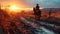 Cowboy Riding Horse at Sunset in Countryside Silhouette