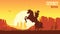 Cowboy riding horse at sunset. Vector prairie landscape with sun