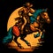 A cowboy riding a kicking horse against the setting sun. Concept art