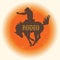 Cowboy Rodeo wild horse vector symbol. Silhouette of Cowboy riding a wild horse on red sun in symbol flat style illustration
