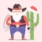 Cowboy Santa Claus with western hat and cactus decorations .Vector christmas illustration