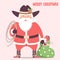 Cowboy Santa claus with western hat and holiday gifts .Vector ch