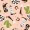 Cowboy seamless pattern with boots, hats, revolvers, horseshoes and cacti. Vector graphics