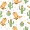 Cowboy Seamless pattern with western decorative elements. Wild West cowboy boots and cactuses. Vector baby style tender color