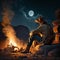 a cowboy sits in front of an outback with a full moon