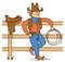 Cowboy standing on fence. Vector colored farm rodeo illustration with horse saddle