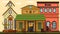 Cowboys duel near bank, city in wild west in American style, old village houses, salon, design cartoon style vector