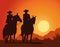 cowboys figures silhouettes in horse characters sunset lansdscape scene