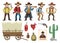 Cowboys set. Western retro people with different weapons and emotions isolated on white background. Vector wild west elements