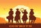 Cowboys silhouette riding horses at sunset landscape. Vector prairie desert with sun and canyon