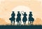 Cowboys silhouette riding horses at sunset landscape. Vintage vector prairie desert with sun and canyon on old paper texture