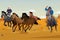 Cowboys and Wild Horses Running on the Desert Vector Illustration