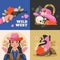 Cowgirl flat hand drawn cartoon composition set