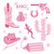 Cowgirl Pink core fashion elements collection. Cowboy western and wild west theme set. Hand drawn vector illustration