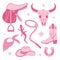 Cowgirl Pink core fashion elements collection. Cowboy western and wild west theme set. Hand drawn vector illustration