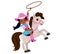 Cowgirl riding a horse with lasso.