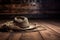 cowhide rug on wooden floor with cowboy hat and rope in the background