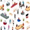 Coworking People and Equipment 3d Seamless Pattern Background Isometric View. Vector