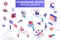 Coworking space bundle of isometric elements. Freelancer work with laptop, coworking space, developer workplace, company