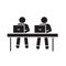 Coworking, working at laptops black vector concept icon. Coworking, working at laptops flat illustration, sign