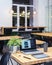 Coworking workplace laptop photo editing interior minimalism coffee freelancer