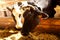 Cows in the barn eating hay. Milk production on a dairy farm.