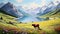 Cows graze in the mountains. AI generated image